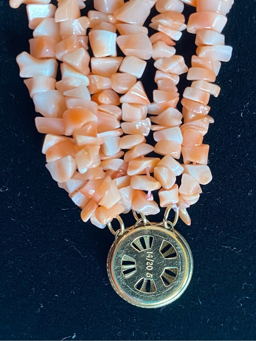 16” Six Strand Coral Chip Necklace with gold filled filigree clasp - Picture 12 of 12